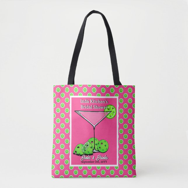 Pickleball Dinks & Drinks Pink & Green Personalize Tote Bag (Front)