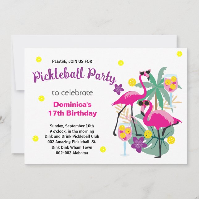 Pickleball Flamingos B'day Invitation + RSVP (Front)