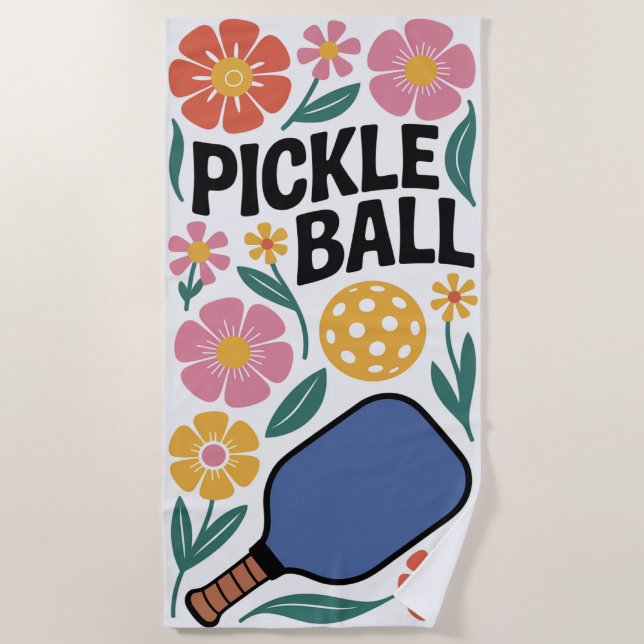 Pickleball Flower Paddle Gift Beach Towel (Front)