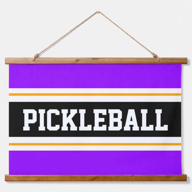 PICKLEBALL Fun Bright Purple Yellow Black Stripes Hanging Tapestry (Front)