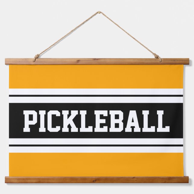 PICKLEBALL Fun Bright Yellow Black White Stripes Hanging Tapestry (Front)