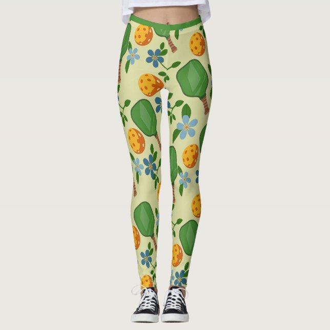 Pickleball Fun Leggings With Vibrant Floral (Front)