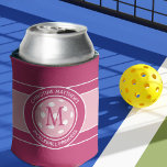 Pickleball Funny Quote Custom Name Initial Pink Can Cooler<br><div class="desc">Classic design features two lines of customizable text for "Pickleball Princess" or a custom saying of choice and name or custom text in a timeless modern font arched over & under an image of a pickleball in light pink. The background pattern is coordinating colourful dark pink & white. Add one...</div>