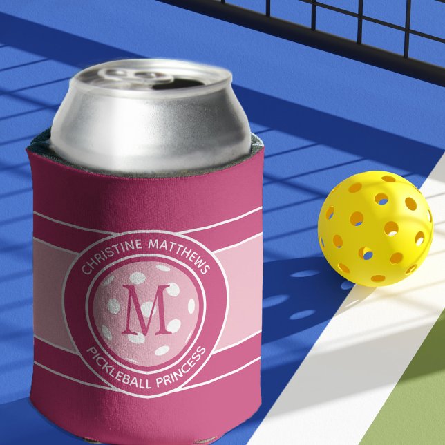 Pickleball Funny Quote Custom Name Initial Pink Can Cooler (Pickleball Funny Quote Custom Name Initial Pink Can Cooler)