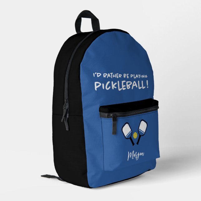 Pickleball Funny Sport Cute Custom Name Blue Black Printed Backpack (Back Corner Left)