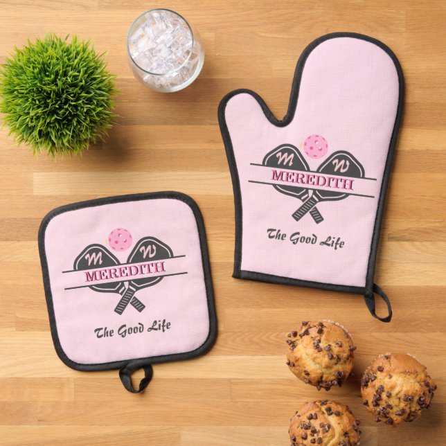 Pickleball Gal Paddles Pink Monogram First Name Oven Mitt & Pot Holder Set (Top Down)