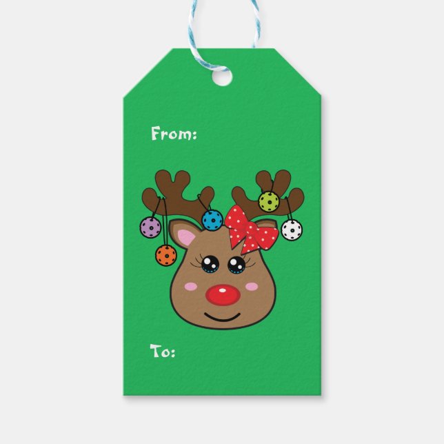 Pickleball green reindeer  gift tags (Front)