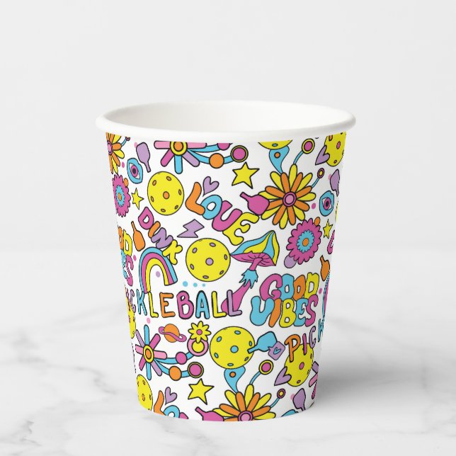 Pickleball  Groovy, retro 90s, white  paper cups (Front)