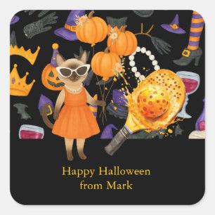 Pickleball halloween party for cat lovers  square sticker