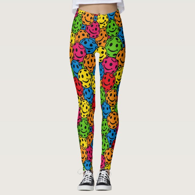 Pickleball Happy Retro Smiley Pattern Leggings (Front)