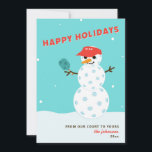 Pickleball Holiday Christmas Humourous Snowman Car<br><div class="desc">Your family and friends will get a chuckle when they see this pickleball snowman holiday card! In red,  blue and white. Text below the snowman is customizable. Part of a collection from Parcel Studios.</div>