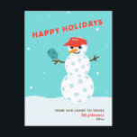 Pickleball Holiday Christmas Humourous Snowman Car<br><div class="desc">Your family and friends will get a chuckle when they see this pickleball snowman holiday card! In red,  blue and white. Text below the snowman is customizable. Part of a collection from Parcel Studios.</div>