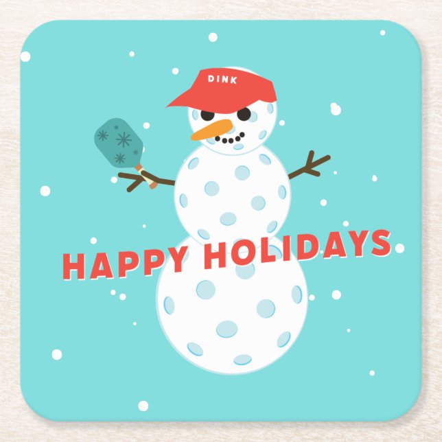 Pickleball Holiday Party Humourous Snowman Square Paper Coaster (Front)