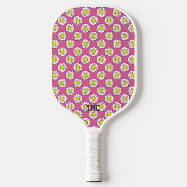 Pickleball Initials Pink Yellow White Daisies Her Pickleball Paddle (Front)