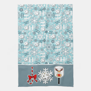 Pickleball Joy Christmas Blue White Reindeer Kitchen Towel