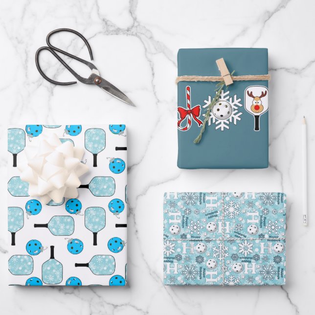 Pickleball Joy Christmas Party Blue White Ornament Wrapping Paper Sheet (Front)