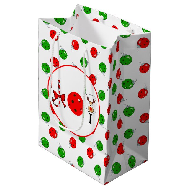 Pickleball Joy Christmas Party Red Green Ornaments Medium Gift Bag (Front Angled)