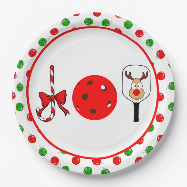 Pickleball Joy Christmas Party Red Green Ornaments Paper Plate (Front)