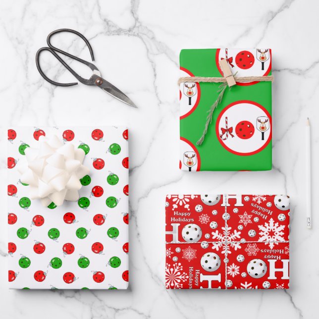 Pickleball Joy Christmas Party Red Green Ornaments Wrapping Paper Sheet (Front)