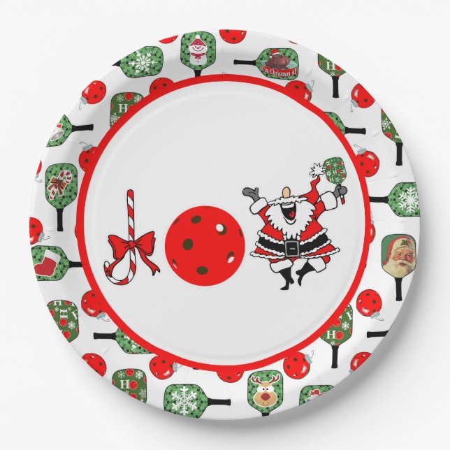 Pickleball Joy Christmas Party Red Green Paddles Paper Plate (Front)