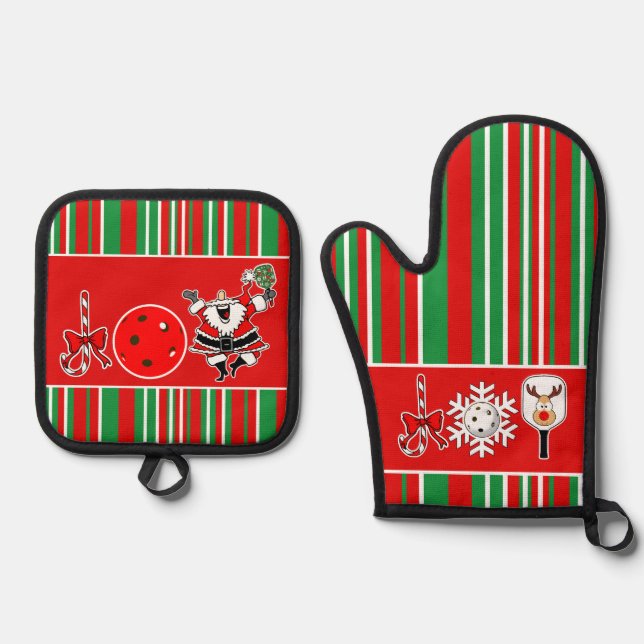 Pickleball Joy Christmas Party Red Green Santa Oven Mitt & Pot Holder Set (Front)