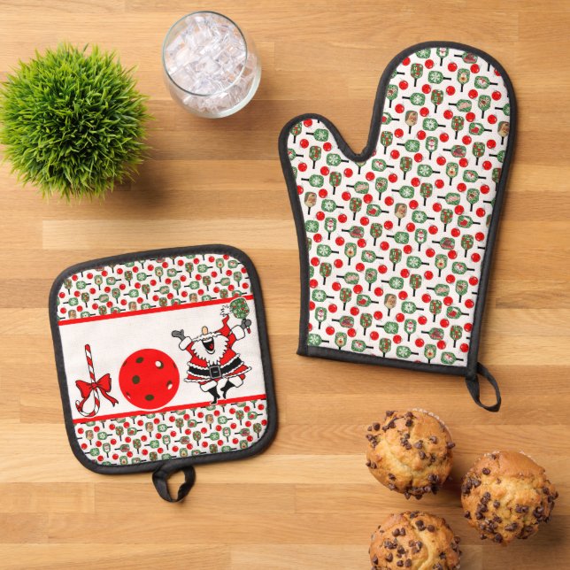 Pickleball Joy Christmas Party Santa Paddles Oven Mitt & Pot Holder Set (Top Down)