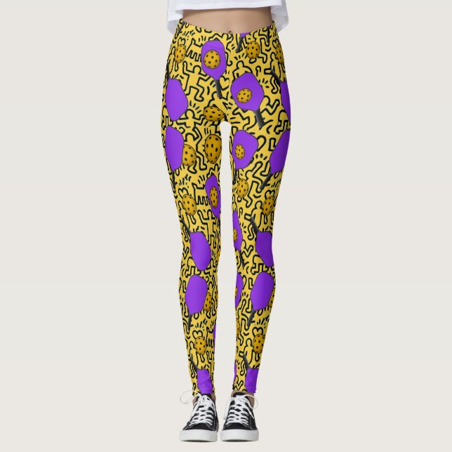 Pickleball Keith Haring Style Paddle Pattern Leggings (Front)