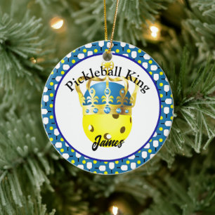 Pickleball King Personalized Yellow, Blue, White Ceramic Ornament