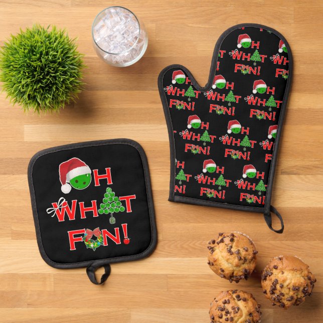 Pickleball Kitchen Oh What Fun Christmas Black Oven Mitt & Pot Holder Set (Top Down)