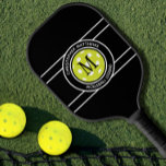 Pickleball Legend Custom Quote Name Initial Black  Pickleball Paddle<br><div class="desc">Classic design features two lines of customizable text for "Pickleball Legend" or custom saying of choice and name or custom text in a timeless modern font arched over & under an image of a pickleball in green. Add one or two intials in the centre of the design over the image...</div>