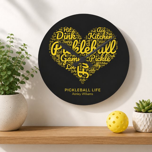 Pickleball Life Word Art Typography Personalized Round Clock (Edit text to customize.  Add name & change the other text if you wish)