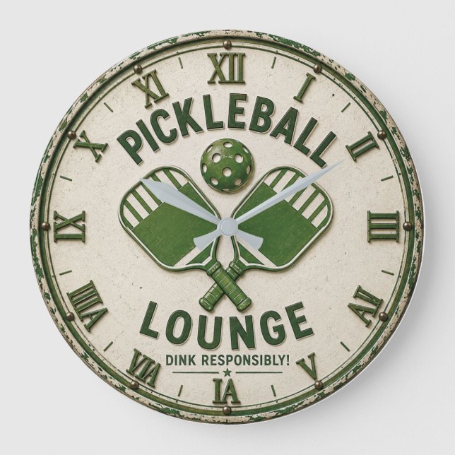 Pickleball Lounge Vintage Pickleball Rustic Paddle Large Clock (Front)