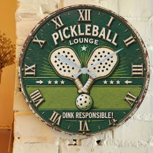 Pickleball Lounge Vintage Rustic Paddle Large Clock
