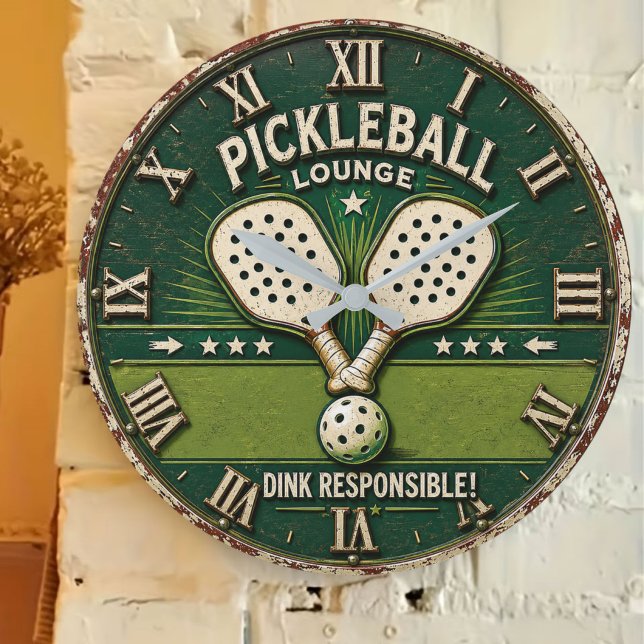 Pickleball Lounge Vintage Rustic Paddle Large Clock (Creator Uploaded)