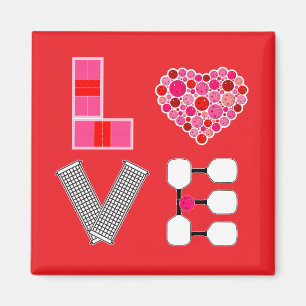 Pickleball Love Heart Court Balls Paddles Pink Red Magnet