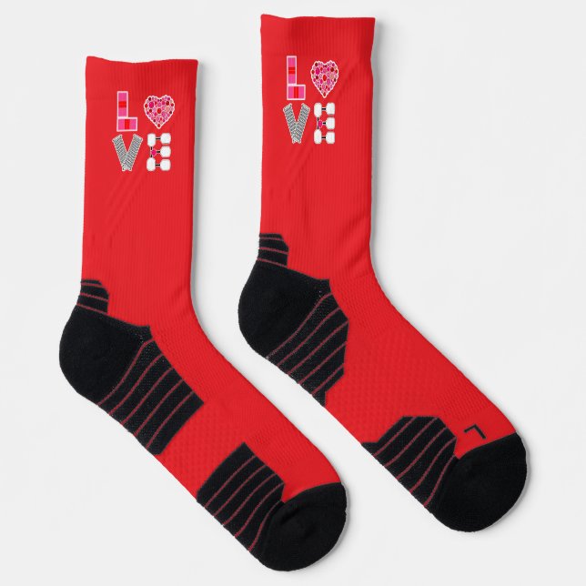 Pickleball Love Heart Court Balls Paddles Red Pink Socks (Right)