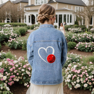 Pickleball Love White Heart Red Pickleball Denim Jacket