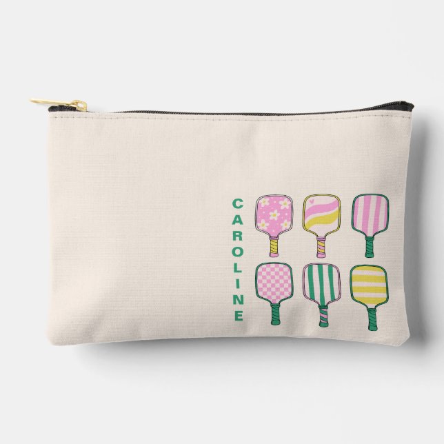 Pickleball Lover Retro Pink Green Personalized Accessory Pouch (Front)