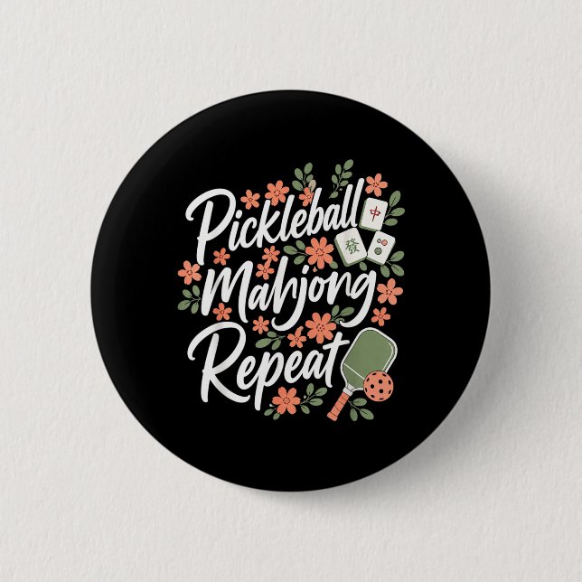 Pickleball Mahjong Repeat Flower Floral Paddle 2 Inch Round Button (Front)
