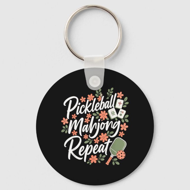 Pickleball Mahjong Repeat Flower Floral Paddle Keychain (Front)
