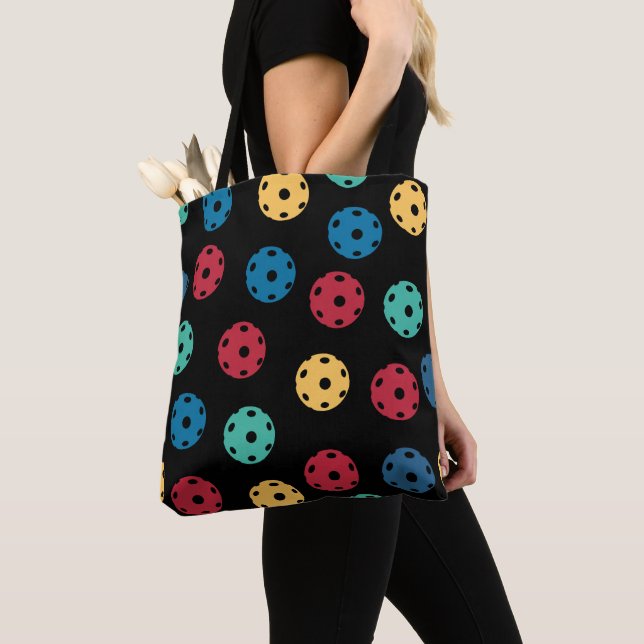 Pickleball - mix of colours on black tote bag (Close Up)