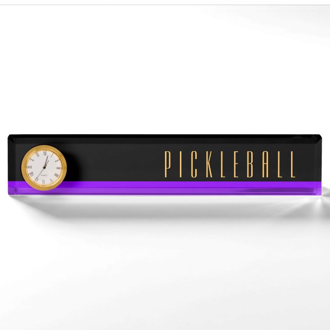 PICKLEBALL Modern Black Purple Colour Block Clock Nameplate (Front)