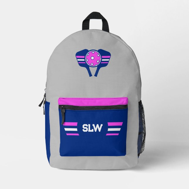 Pickleball Monogram Grey, Navy Blue & Pink Printed Backpack (Front)