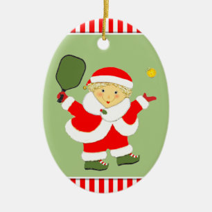 Pickleball Mrs. Claus Ceramic Ornament