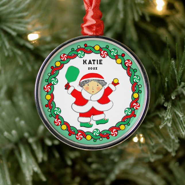 Pickleball Mrs. Claus Ceramic Ornament (Tree)