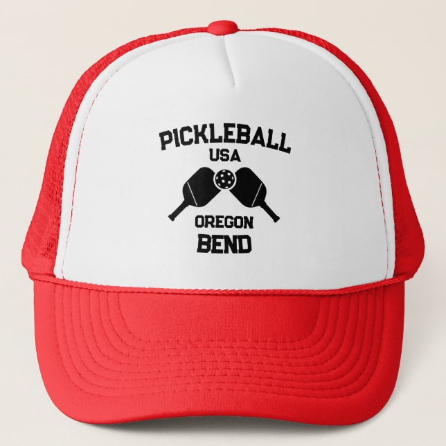 Pickleball Paddle & Ball Bend Oregon USA Custom Trucker Hat (Front)