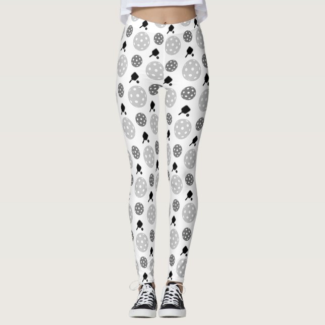 Pickleball Paddle Grey White Racket Ball Pattern  Leggings (Front)