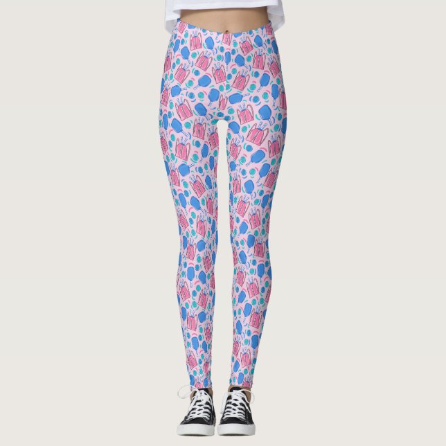 Pickleball Paddles and Balls Pink Pattern Leggings (Front)