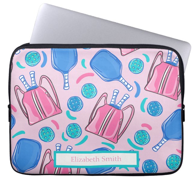 Pickleball Paddles and Balls Pink Preppy Custom Laptop Sleeve (Front)