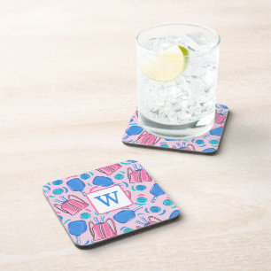 Pickleball Paddles and Balls Pink Preppy Initial Coaster